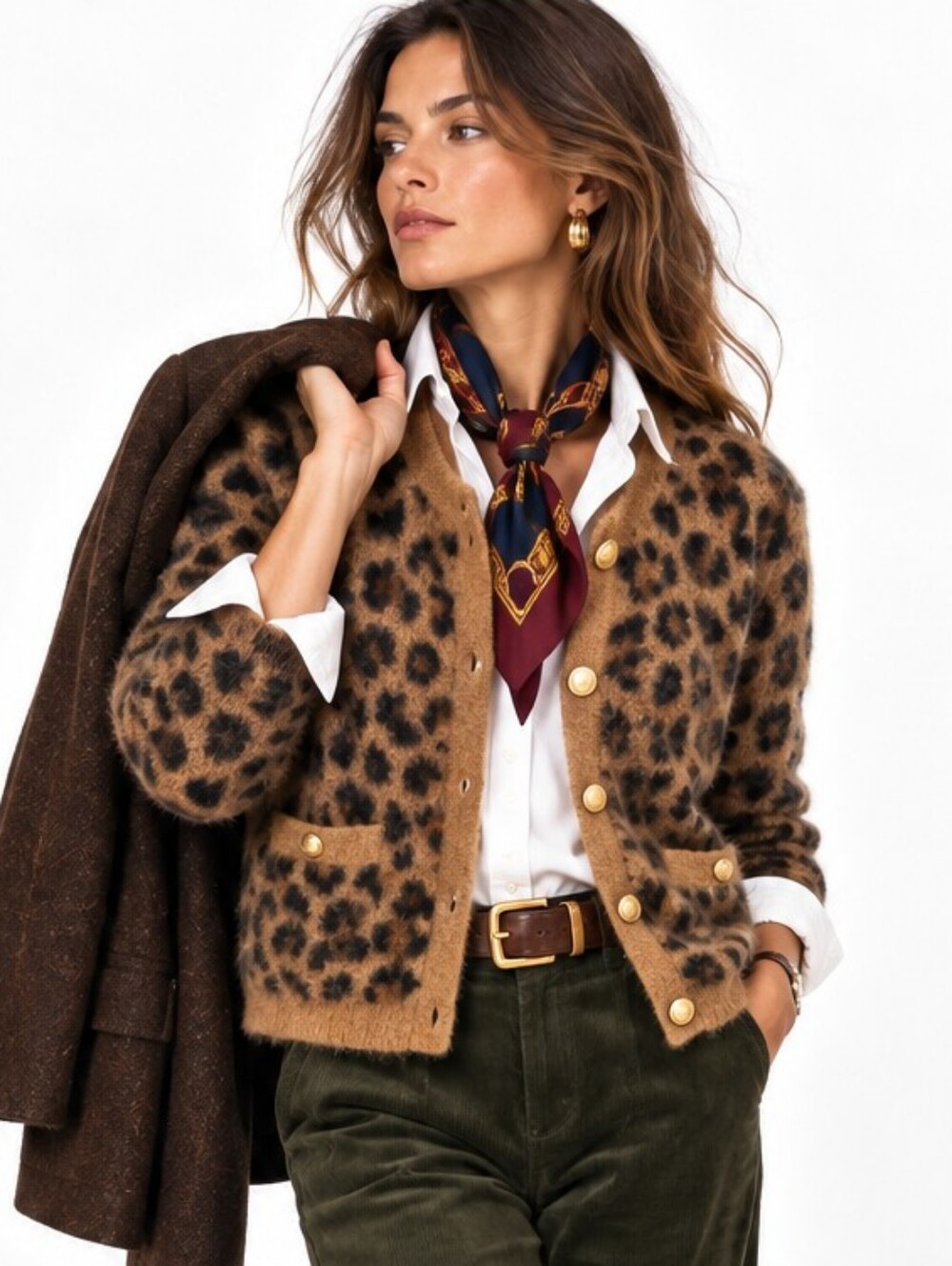 J. Crew Sweater Leopard Print Cardigan Gold Buttons Brushed Knit